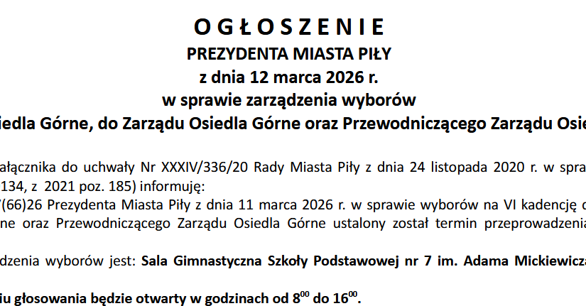 Wybory do Rady Osiedla Górne, do Zarządu Osiedla Górne oraz Przewodniczącego Zarządu Osiedla Górne 2026